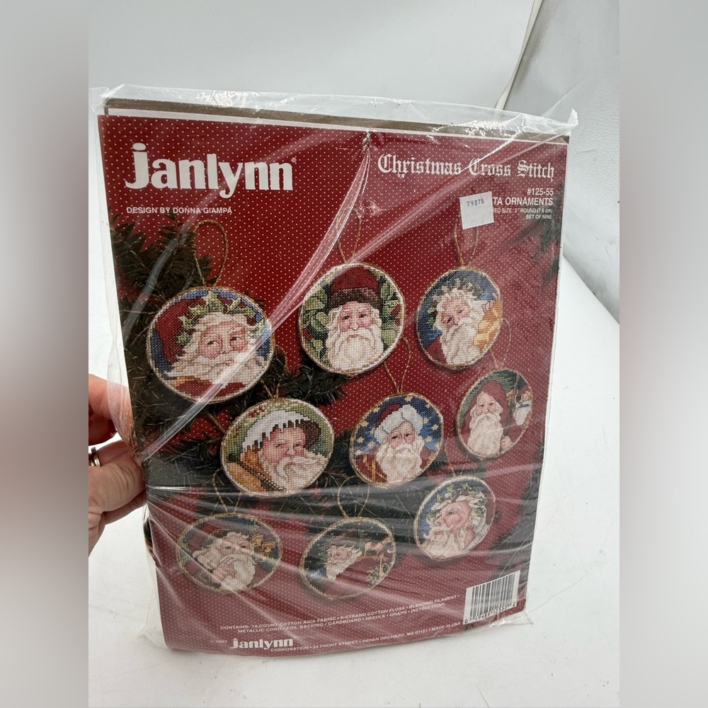 JANLYNN Counted Cross Stitch Ornament Kit 1993  Mine 3” Santa Ornaments 125-55.